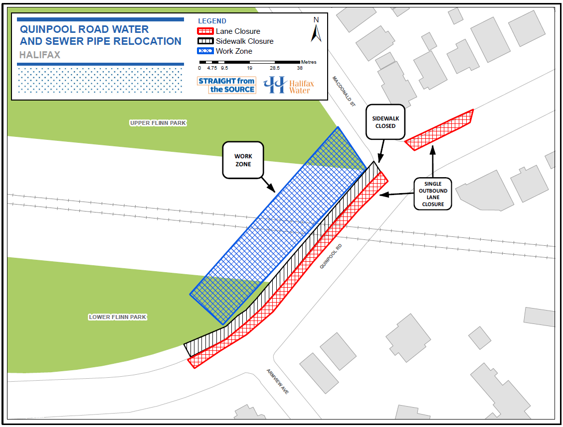 Work zone map for Quinpool land drops for bridge work