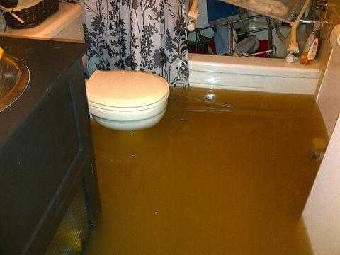 Sewage backup in basement Sewage backup inside a basement bathroom
